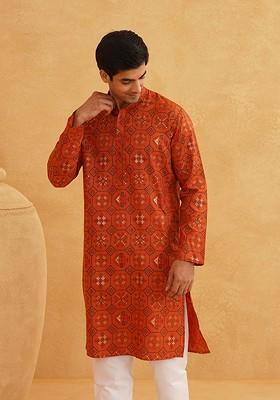 Orange Printed Poly Blend Kurta For Men