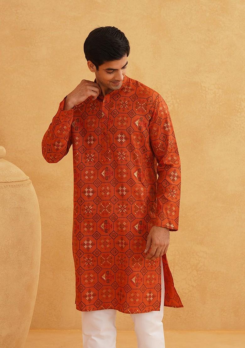 Orange Printed Poly Blend Kurta For Men