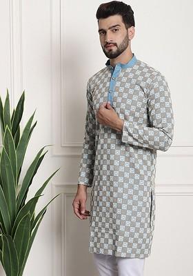 Blue Thread Work Cotton Kurta For Men