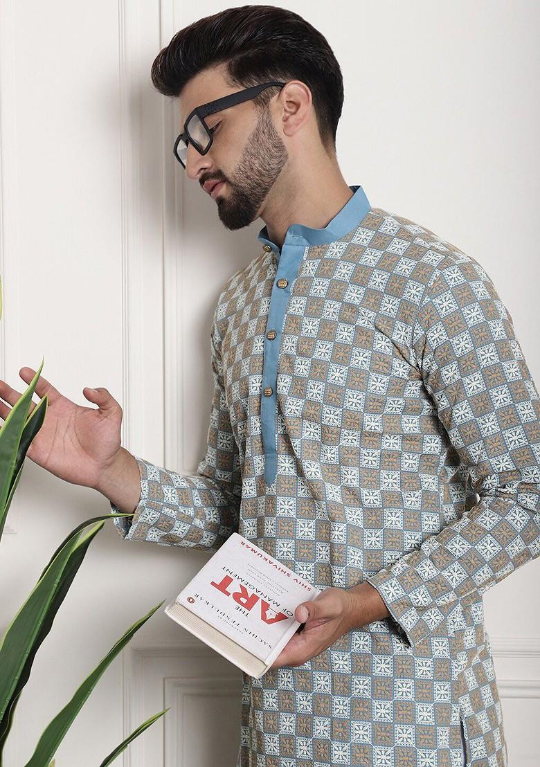 Blue Thread Work Cotton Kurta For Men