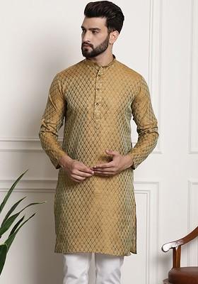 Gold Solid Jacquard Kurta For Men
