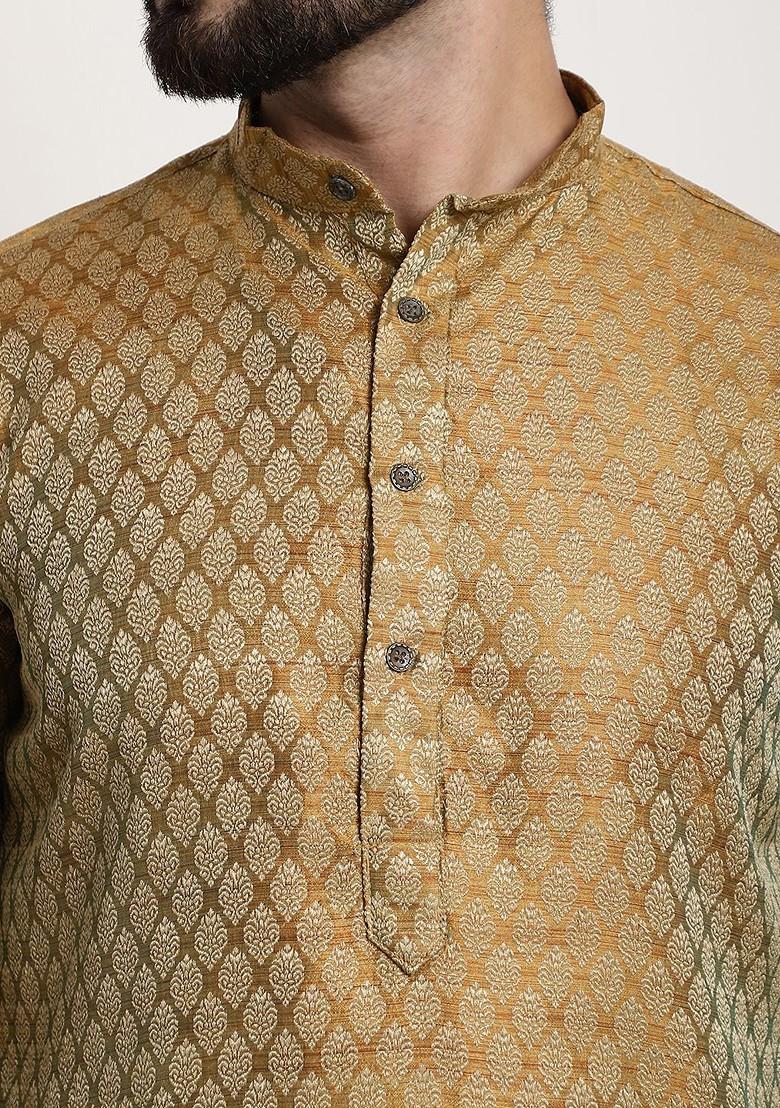 Gold Solid Jacquard Kurta For Men