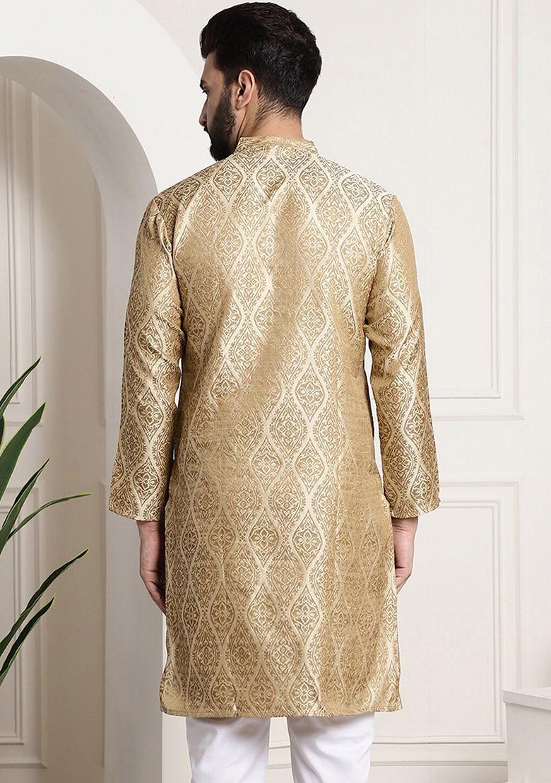Beige Ethnic Motifs Poly Blend Kurta For Men