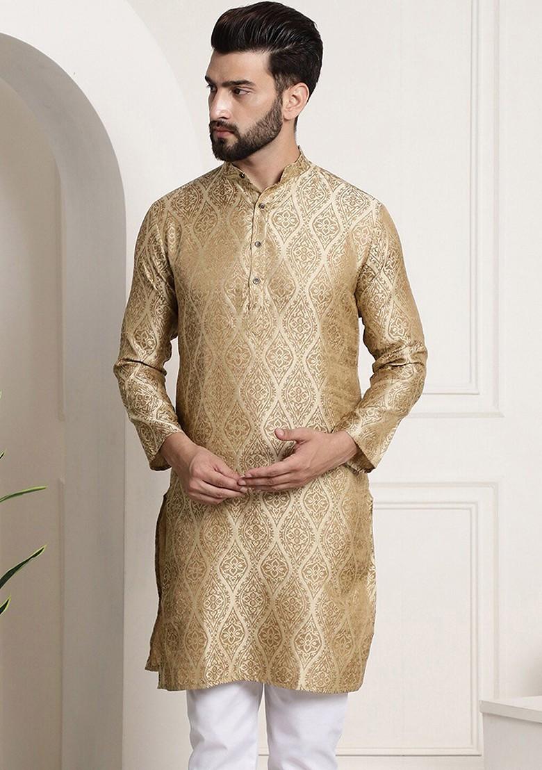 Beige Ethnic Motifs Poly Blend Kurta For Men