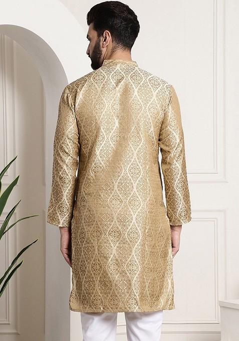 Beige Ethnic Motifs Poly Blend Kurta For Men