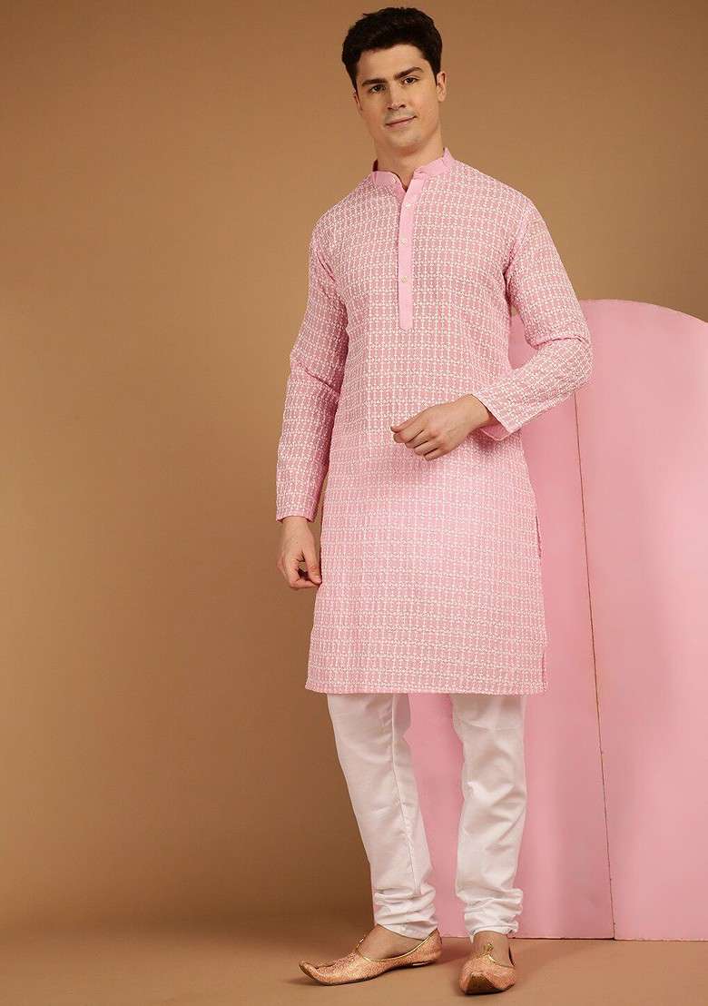 Pink Embroidered Cotton Kurta For Men - Indya