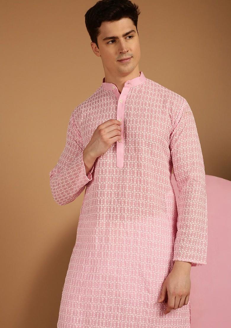 Pink Embroidered Cotton Kurta For Men