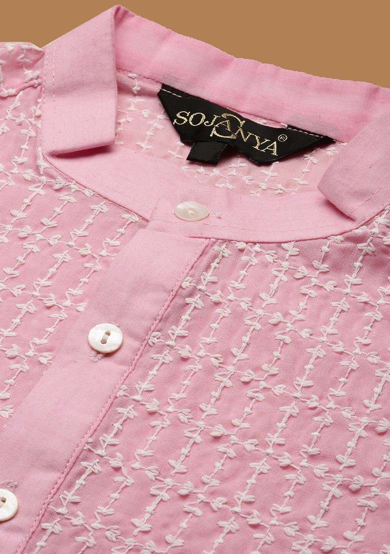 Pink Embroidered Cotton Kurta For Men - Indya