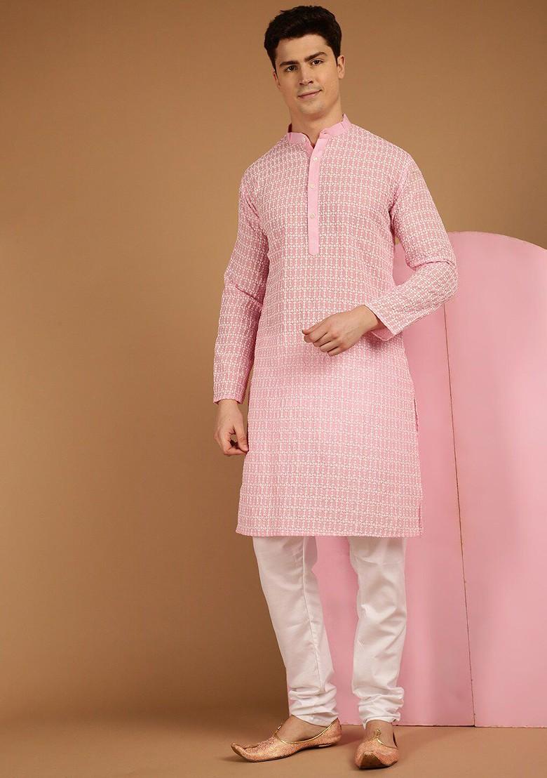 Pink Embroidered Cotton Kurta For Men