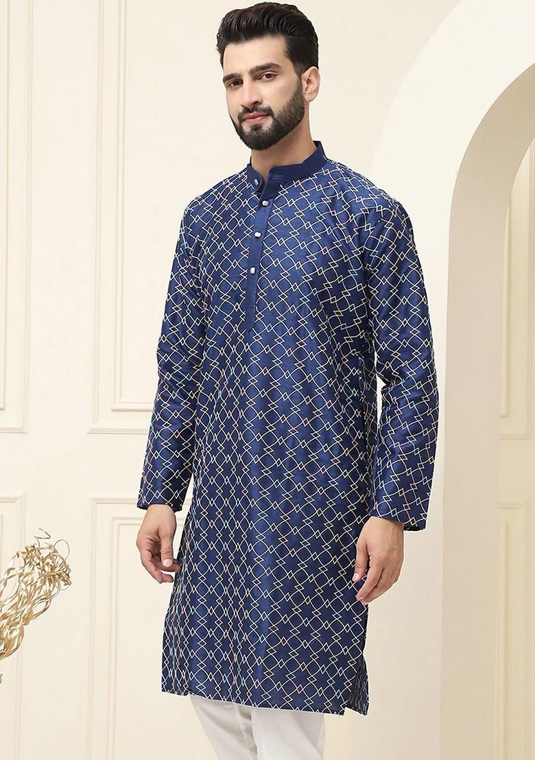 Navy Blue Embroidered Cotton Kurta For Men
