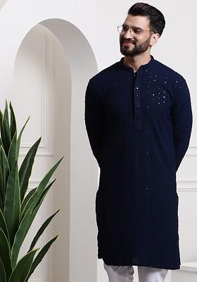 Navy Blue Embellished Cotton Kurta For Men