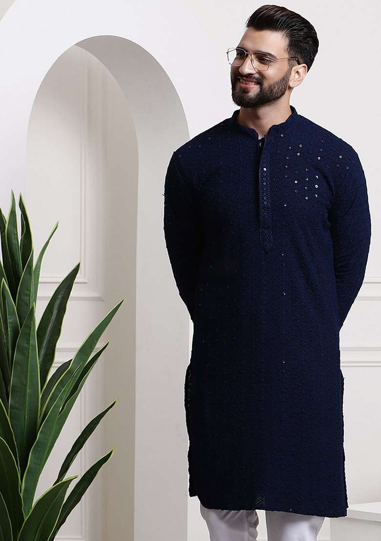 Navy Blue Embellished Cotton Kurta For Men - Indya