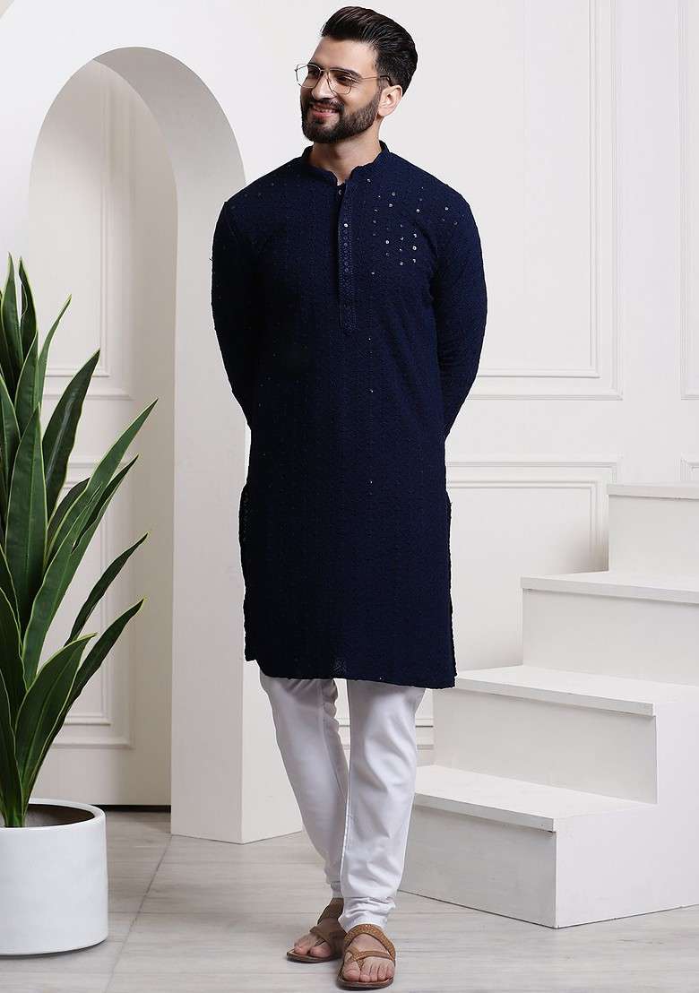 Navy Blue Embellished Cotton Kurta For Men - Indya