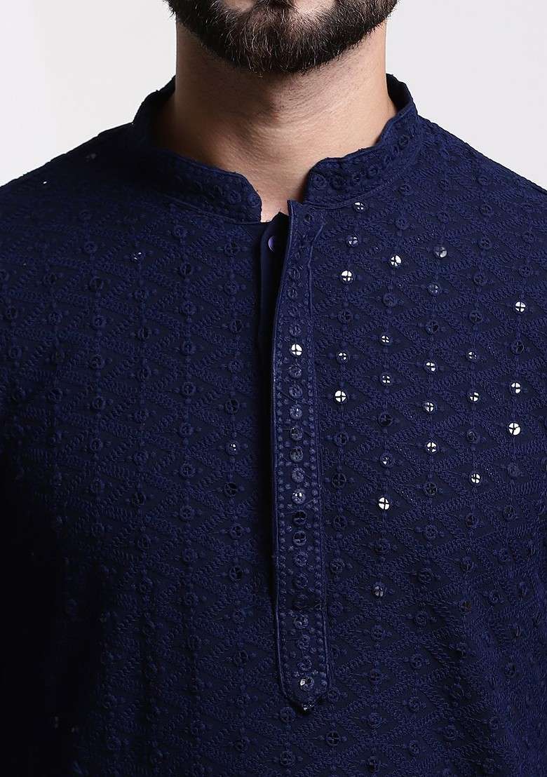 Navy Blue Embellished Cotton Kurta For Men - Indya