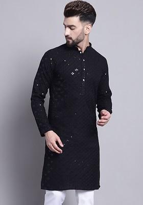 Black Embellished Cotton Kurta For Men