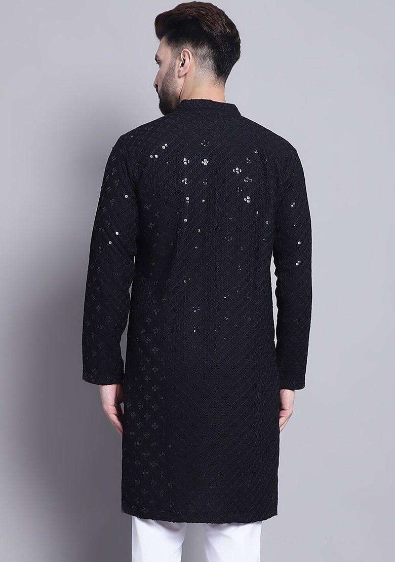 Black Embellished Cotton Kurta For Men