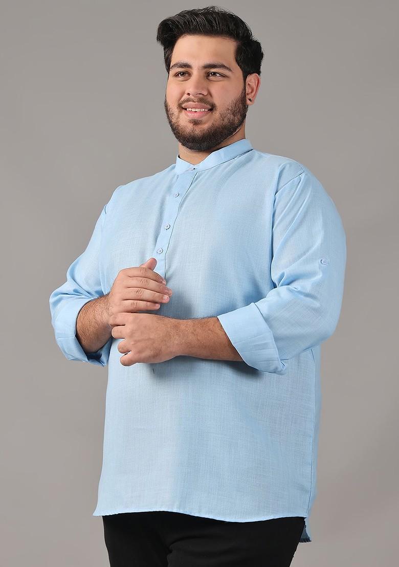 Blue Solid Cotton Kurta For Men