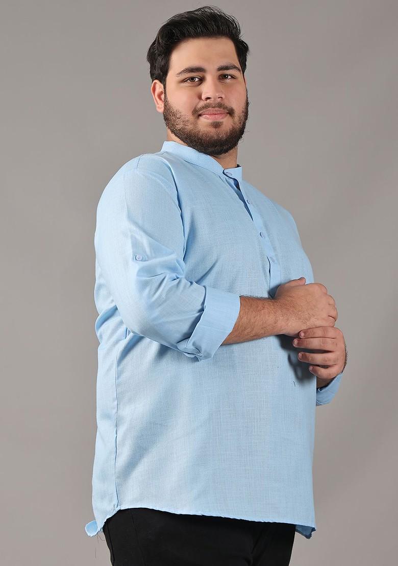 Blue Solid Cotton Kurta For Men