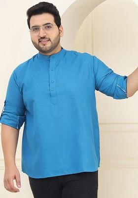Blue Solid Cotton Kurta For Men