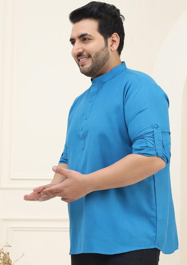 Blue Solid Cotton Kurta For Men