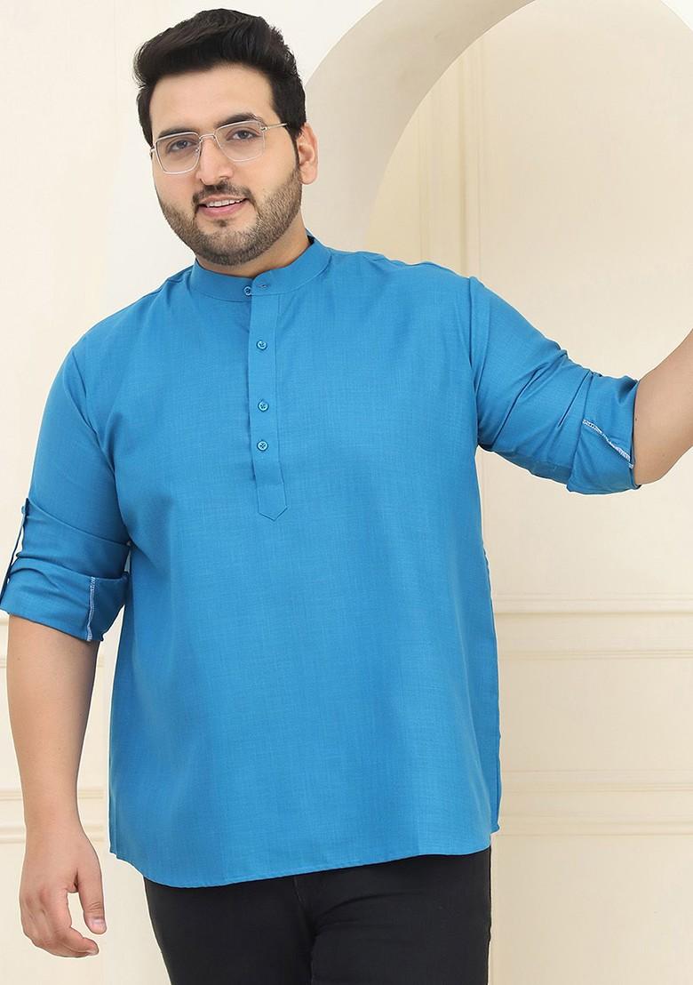 Blue Solid Cotton Kurta For Men