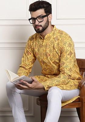 Yellow Ethnic Motifs Cotton Kurta For Men