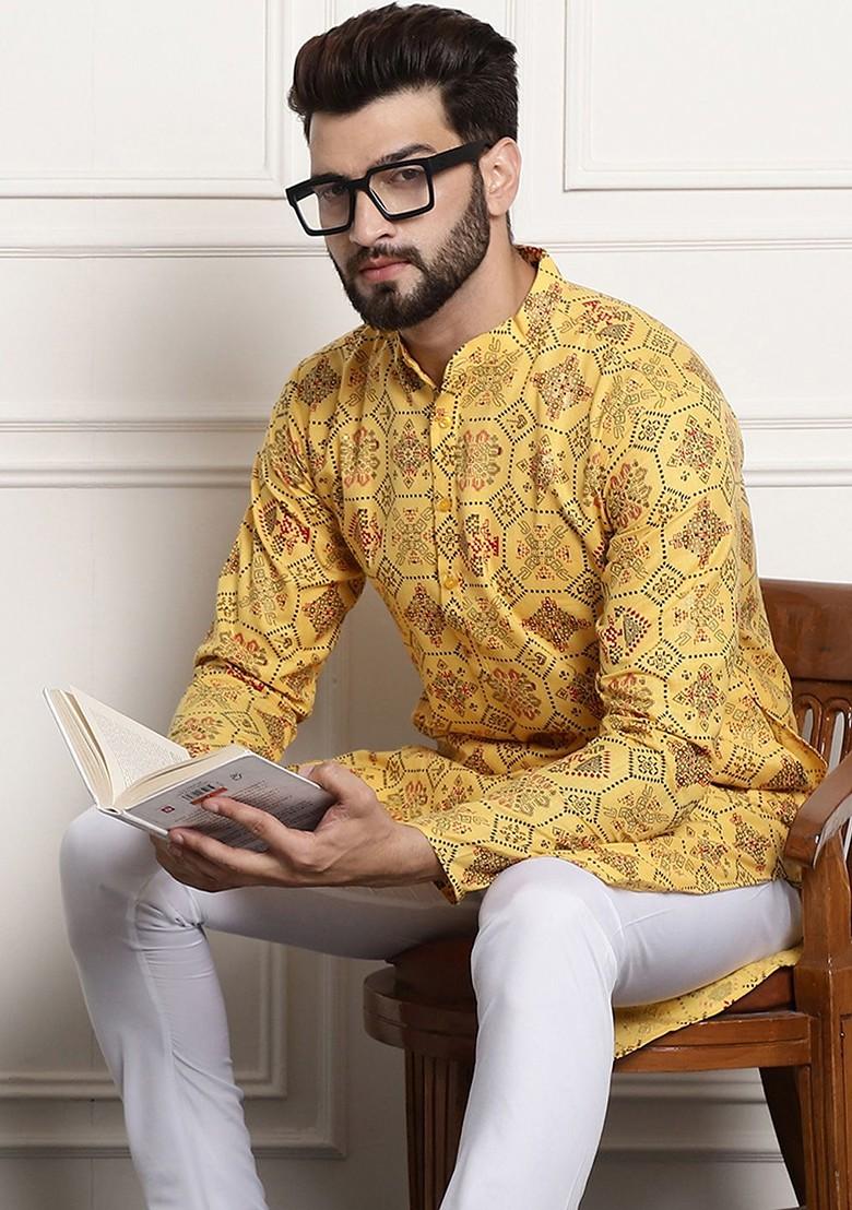 Yellow Ethnic Motifs Cotton Kurta For Men
