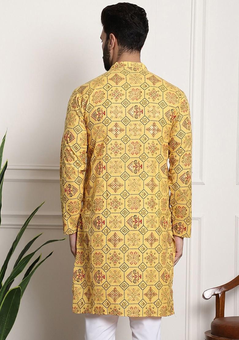 Yellow Ethnic Motifs Cotton Kurta For Men