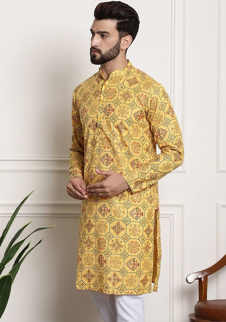 Yellow Ethnic Motifs Cotton Kurta For Men