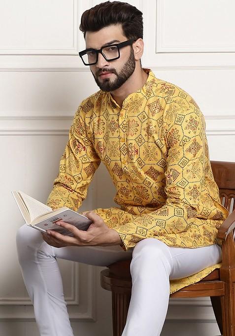 Yellow Ethnic Motifs Cotton Kurta For Men
