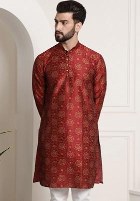 Maroon Woven Cotton Kurta For Men