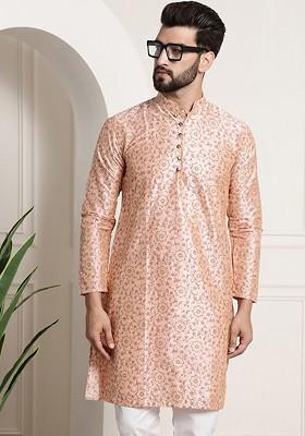 Peach Printed Poly Blend Kurta For Men
