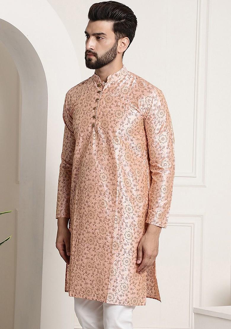 Peach Printed Poly Blend Kurta For Men