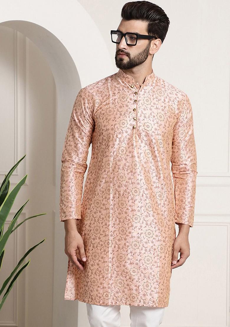 Peach Printed Poly Blend Kurta For Men
