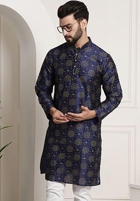 Navy Blue Printed Poly Blend Kurta For Men