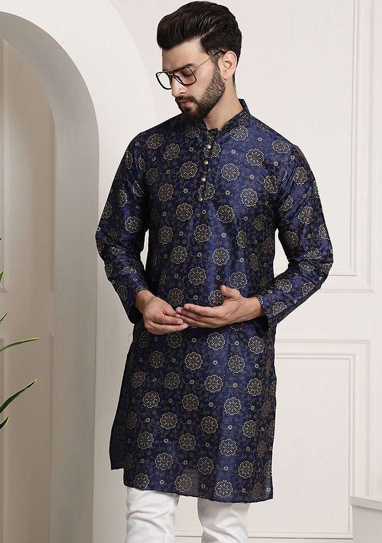 Navy Blue Printed Poly Blend Kurta For Men - Indya