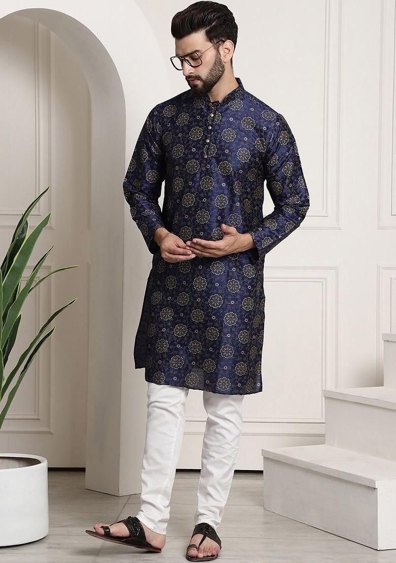 Navy Blue Printed Poly Blend Kurta For Men