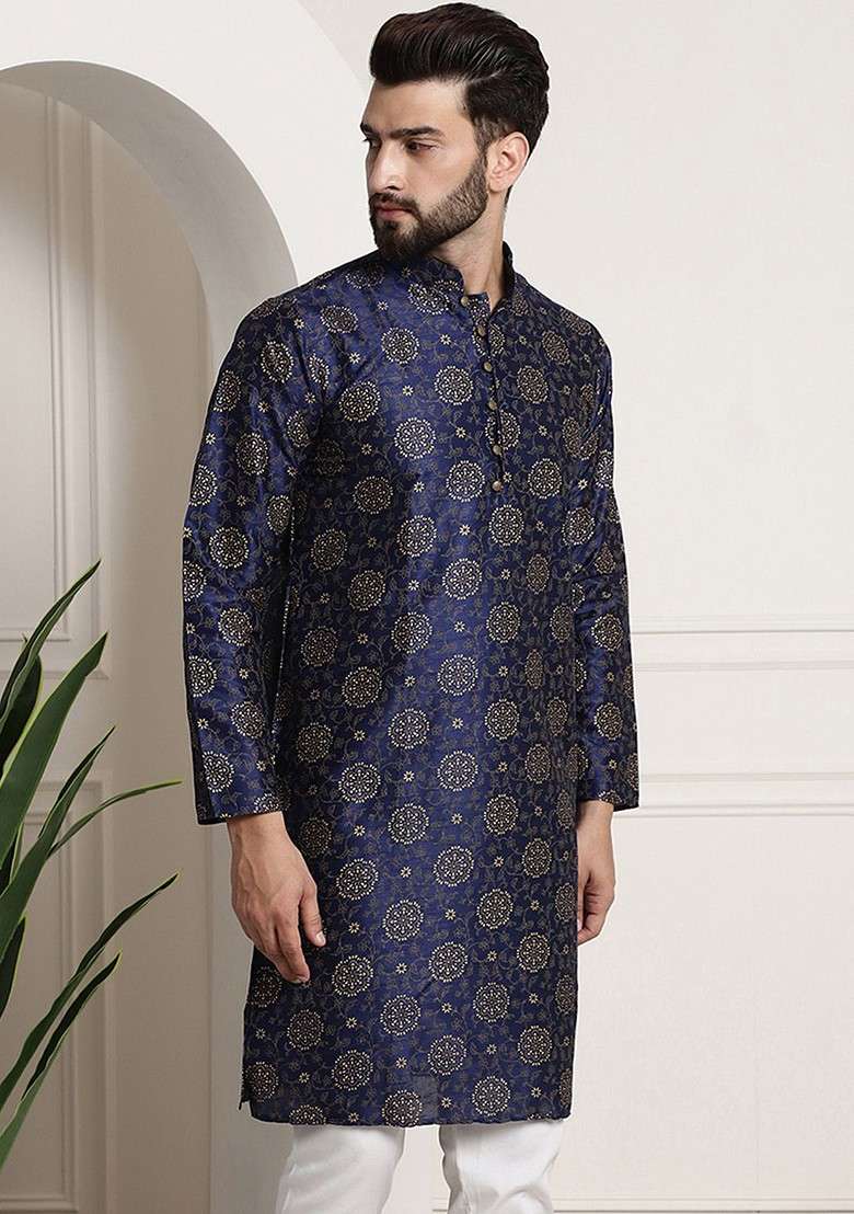 Navy Blue Printed Poly Blend Kurta For Men - Indya