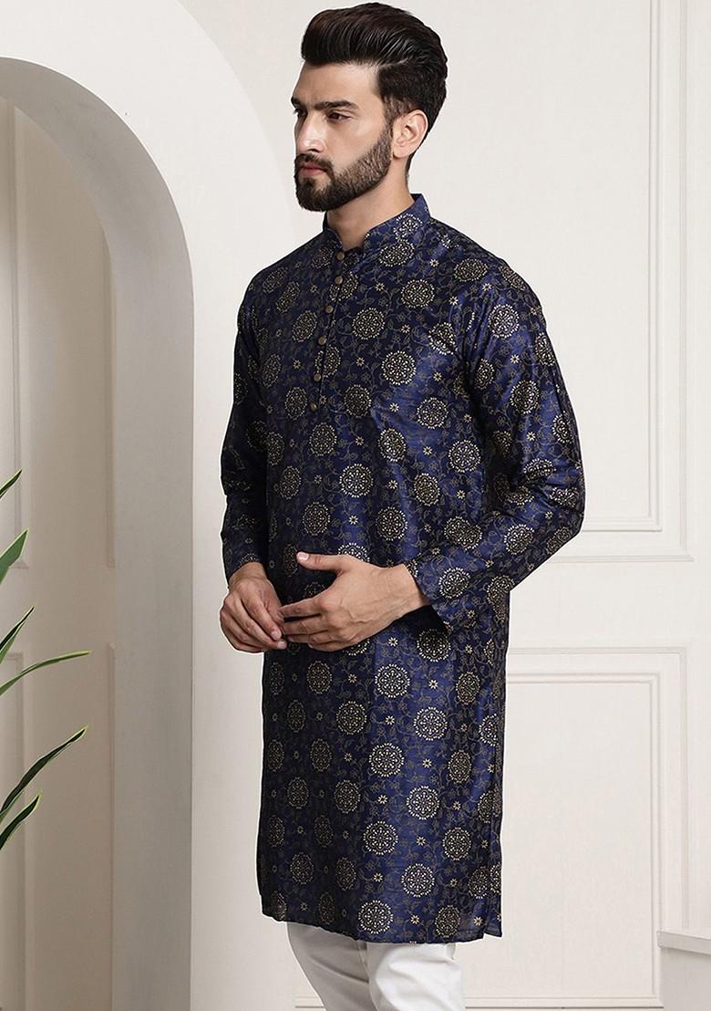 Navy Blue Printed Poly Blend Kurta For Men