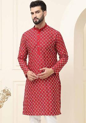 Maroon Thread Work Poly Blend Kurta For Men