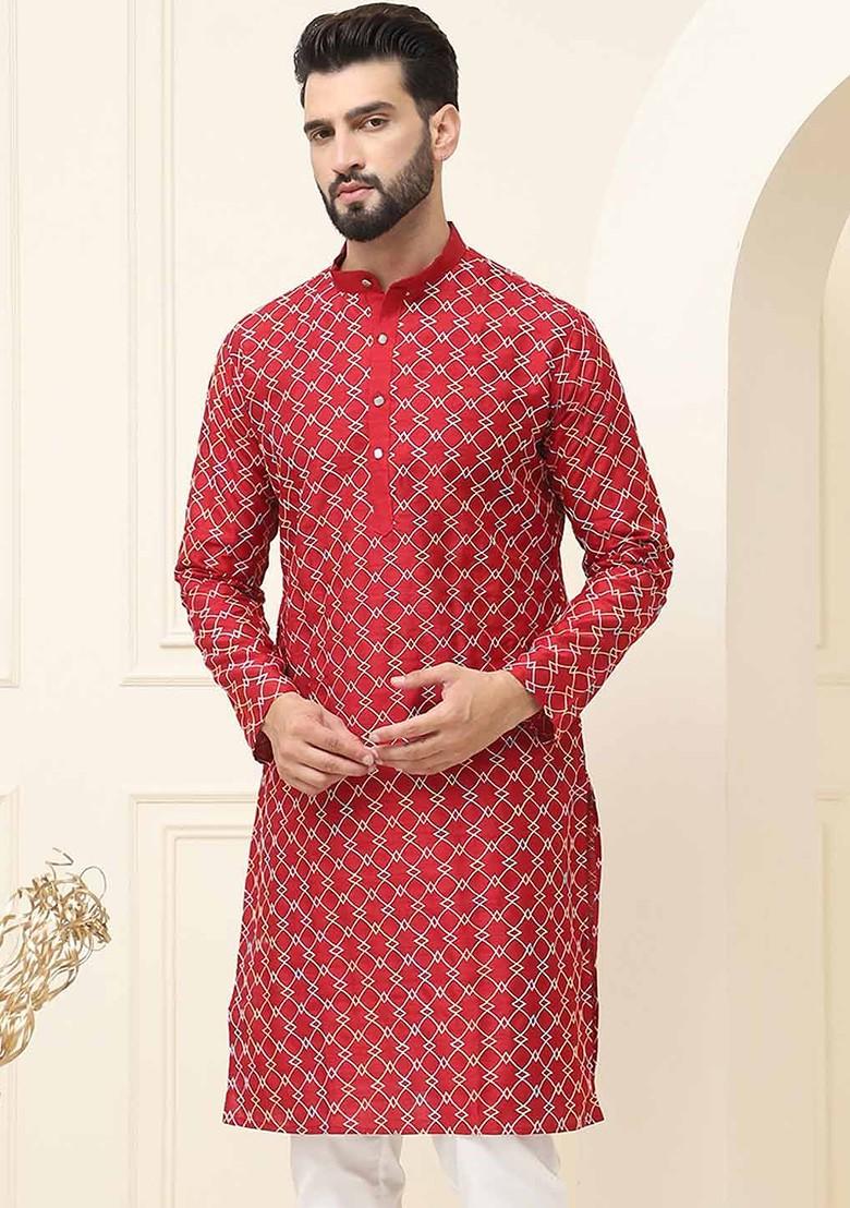 Maroon Thread Work Poly Blend Kurta For Men