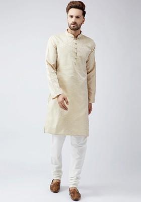 Gold Woven Poly Blend Kurta For Men