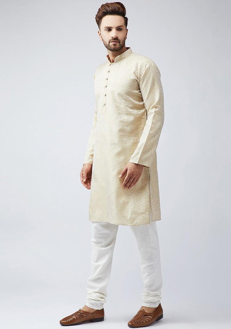 Gold Woven Poly Blend Kurta For Men