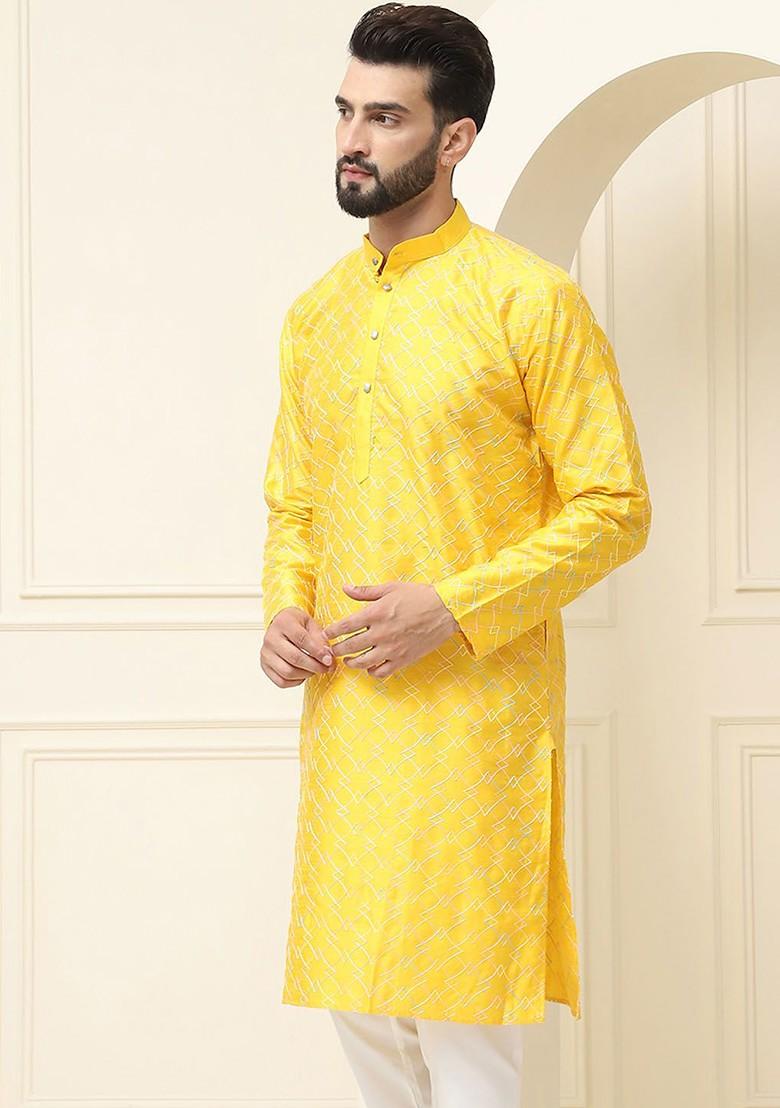 Mustard Embroidered Silk Kurta For Men