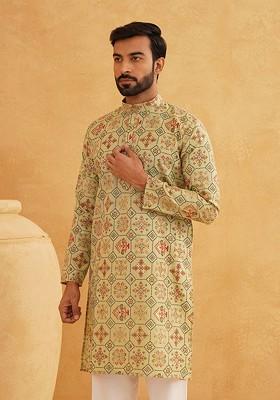 Green Printed Cotton Kurta For Men