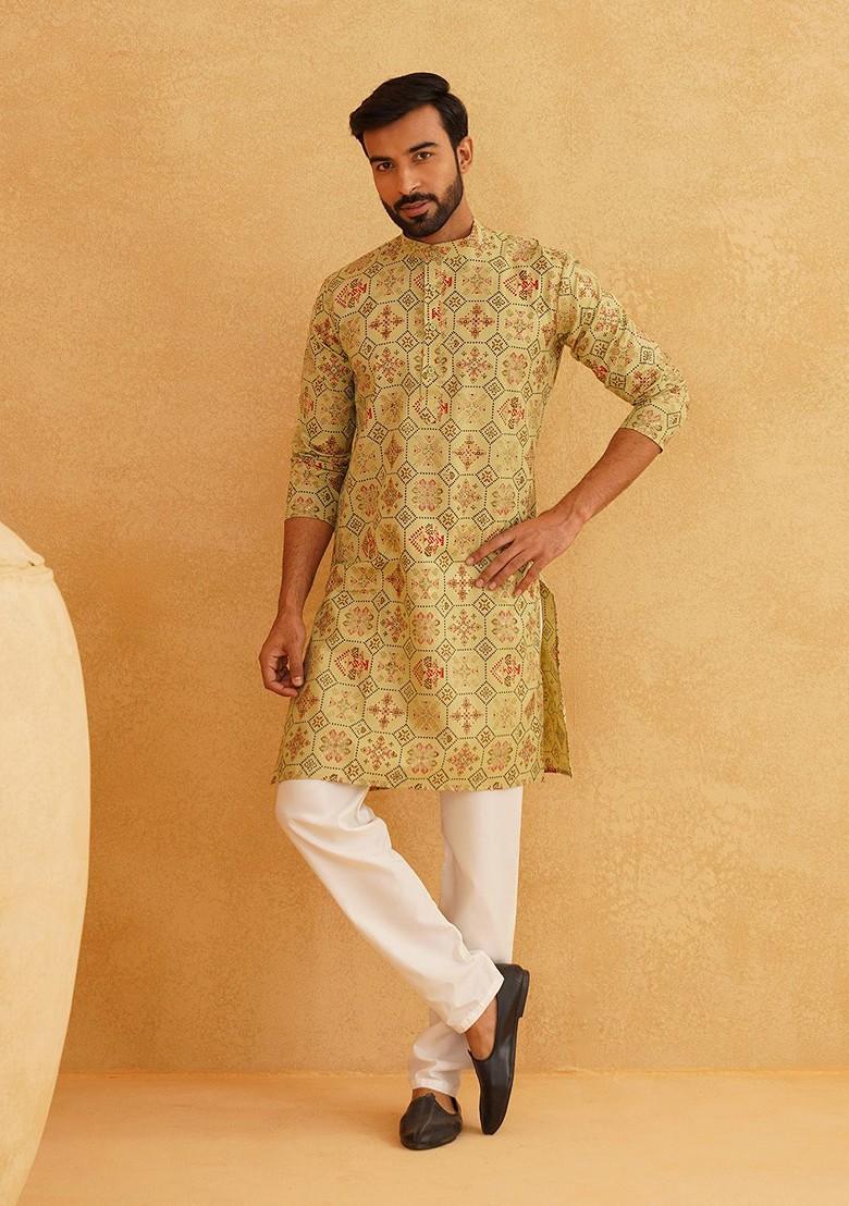 Green Printed Cotton Kurta For Men