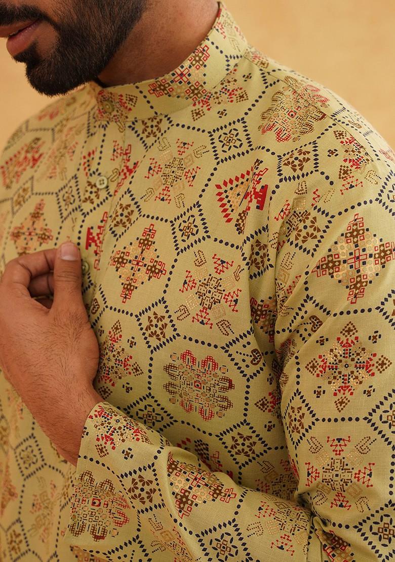 Green Printed Cotton Kurta For Men