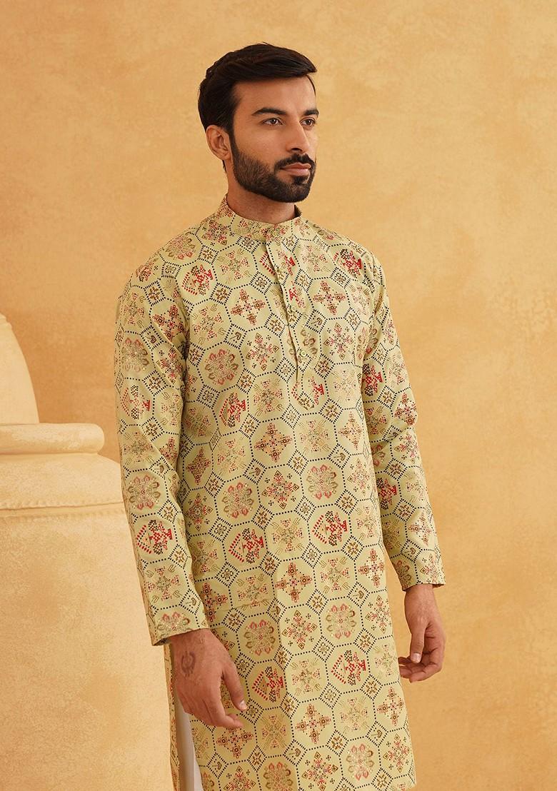 Green Printed Cotton Kurta For Men