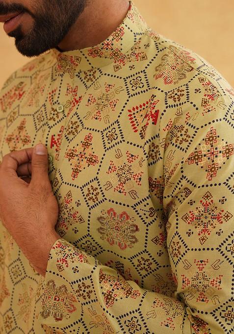 Green Printed Cotton Kurta For Men
