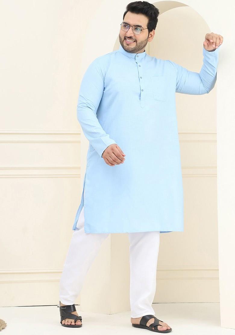 Blue Solid Cotton Kurta For Men